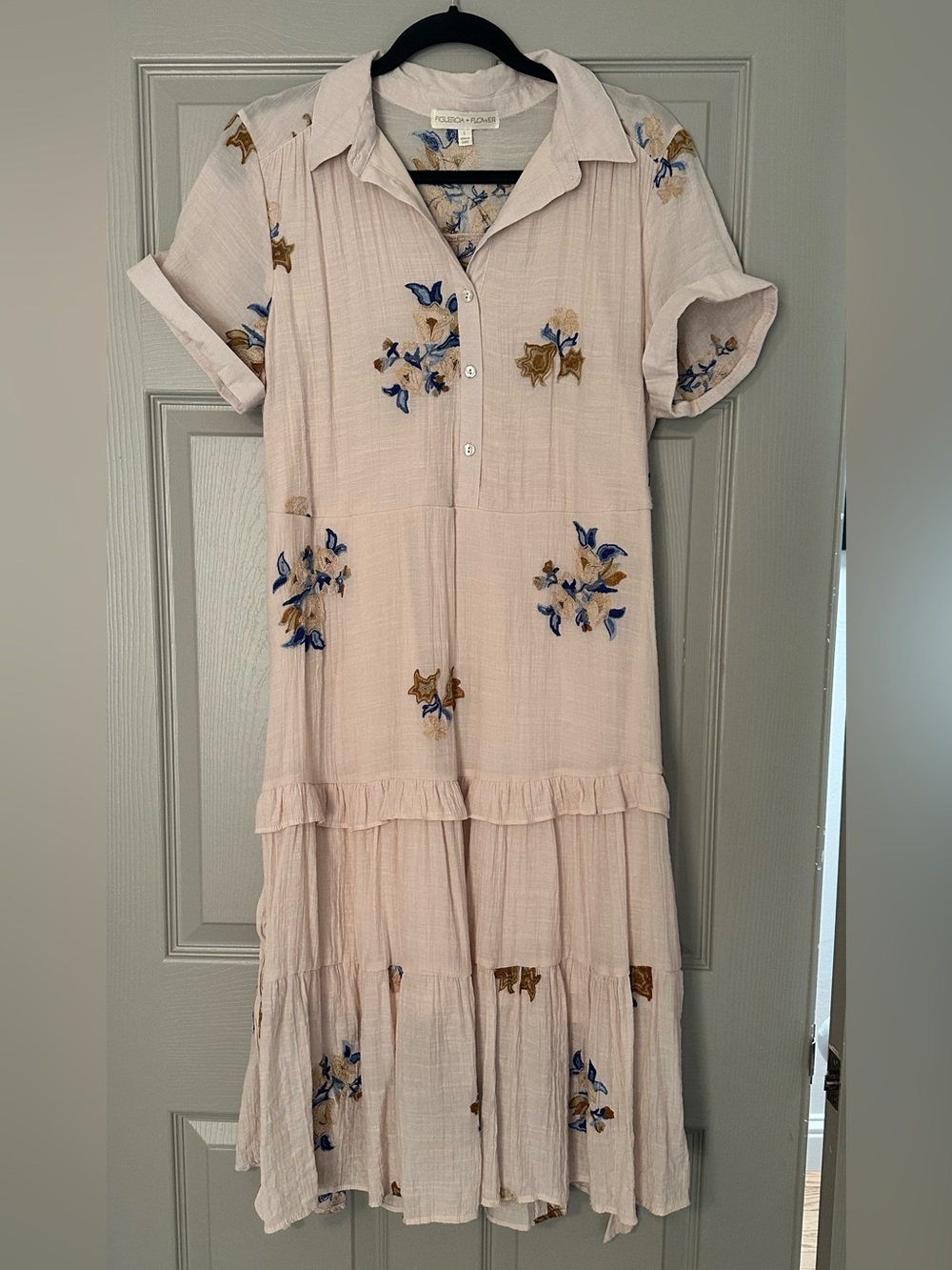 Figueroa & Flower Tiered Midi Dress With Embroidered Floral Accents